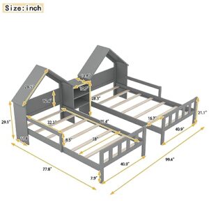 SIYSNKSI Twin Size Platform Bed with House-Shaped Headboard, Wood Platform Bed Frame with a Built-in Nightstand, Shared Double Twin Beds for Kids Teens Adults Boys Girls Bedroom (Grey 03)