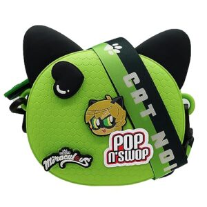 miraculous ladybug - pop n' swop cat noir green crossbody bag with 4 clip-on badges, cat paw zipper, adjustable and detachable strap, removable ears, lightweight durable waterproof purse (wyncor)