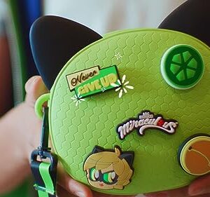 Miraculous Ladybug - Pop n' Swop Cat Noir Green Crossbody Bag with 4 Clip-on Badges, Cat Paw Zipper, Adjustable and Detachable Strap, Removable Ears, Lightweight Durable Waterproof Purse (Wyncor)