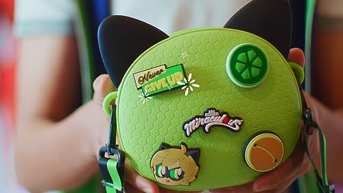 Miraculous Ladybug - Pop n' Swop Cat Noir Green Crossbody Bag with 4 Clip-on Badges, Cat Paw Zipper, Adjustable and Detachable Strap, Removable Ears, Lightweight Durable Waterproof Purse (Wyncor)