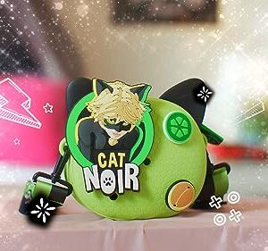 Miraculous Ladybug - Pop n' Swop Cat Noir Green Crossbody Bag with 4 Clip-on Badges, Cat Paw Zipper, Adjustable and Detachable Strap, Removable Ears, Lightweight Durable Waterproof Purse (Wyncor)