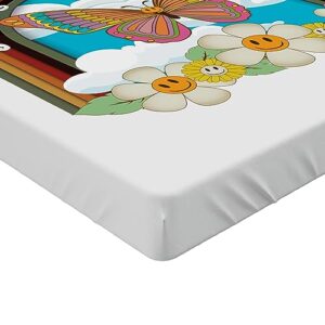 Ambesonne Emoji Fitted Sheet, Dreamy Artwork of Spring Vibes Colorful Butterfly and Leafy Floral Faces Clouds, Bed Cover with All-Round Elastic Pocket for Comfort, California King, White Multicolor