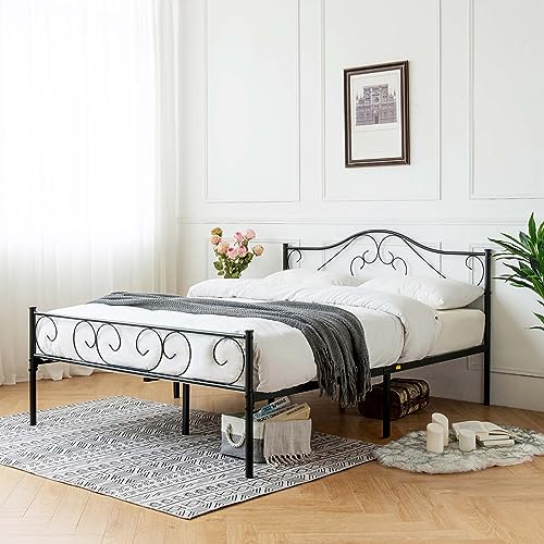 Queen Size Metal Platform Bed Frame with Headboard and Footboard, Heavy Duty, Heavy Duty Steel Slat Support, Storage Space Under Bed, Noise-Free for Boys Girls Teens Adults, No Box Spring Needed