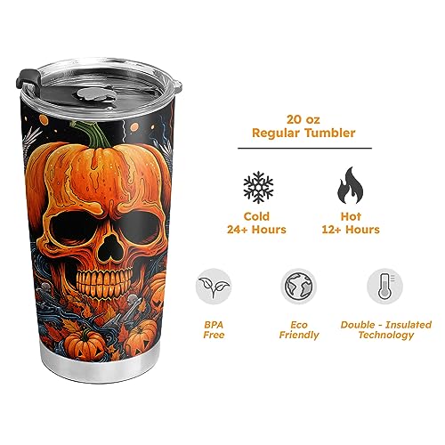 ORCAE 20oz Halloween Tumbler, Skull Tumbler, Halloween Pumpkin Skull Tumbler Cup, Insulated Travel Mug with Lid, Coffee Thermos for Men, Women, Halloween Gifts - D