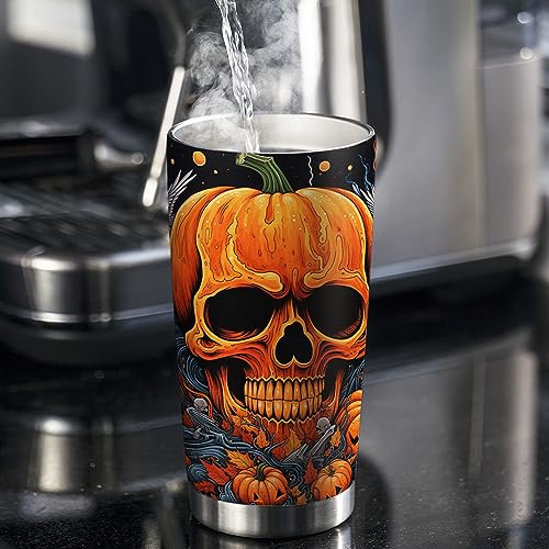 ORCAE 20oz Halloween Tumbler, Skull Tumbler, Halloween Pumpkin Skull Tumbler Cup, Insulated Travel Mug with Lid, Coffee Thermos for Men, Women, Halloween Gifts - D