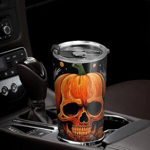 ORCAE 20oz Halloween Tumbler, Skull Tumbler, Halloween Pumpkin Skull Tumbler Cup, Insulated Travel Mug with Lid, Coffee Thermos for Men, Women, Halloween Gifts - D