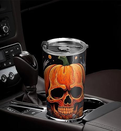 ORCAE 20oz Halloween Tumbler, Skull Tumbler, Halloween Pumpkin Skull Tumbler Cup, Insulated Travel Mug with Lid, Coffee Thermos for Men, Women, Halloween Gifts - D