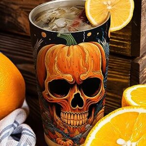 ORCAE 20oz Halloween Tumbler, Skull Tumbler, Halloween Pumpkin Skull Tumbler Cup, Insulated Travel Mug with Lid, Coffee Thermos for Men, Women, Halloween Gifts - D