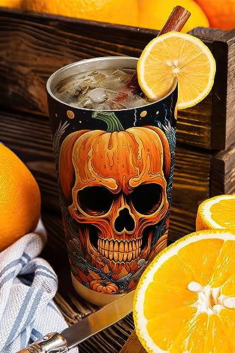 ORCAE 20oz Halloween Tumbler, Skull Tumbler, Halloween Pumpkin Skull Tumbler Cup, Insulated Travel Mug with Lid, Coffee Thermos for Men, Women, Halloween Gifts - D