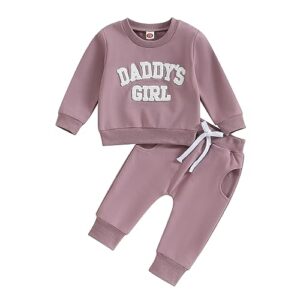 fiomva daddys girl baby clothes toddler fall winter outfits sweatshirt pants 2 piece set shirt sweatpants suit (h embroidered daddy's girl purple, 2-3 years)