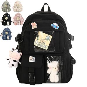 mqshuhenmy kawaii backpack with kawaii pin and accessories, rucksack for teen girls school bag, aesthetic backpack (black)