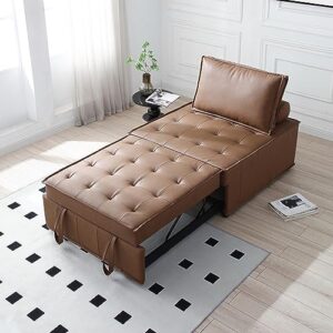 bellemave 3 in 1 pulling out ottoman sofa bed,multipurpose faux leather folding ottoman sleeper couch lounger,convertible adjustable sleeper chair for living room apartment office（brown pu）