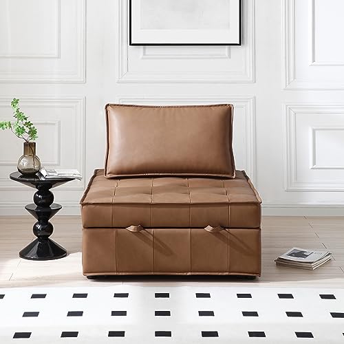 Bellemave 3 in 1 Pulling Out Ottoman Sofa Bed,Multipurpose Faux Leather Folding Ottoman Sleeper Couch Lounger,Convertible Adjustable Sleeper Chair for Living Room Apartment Office（Brown PU）