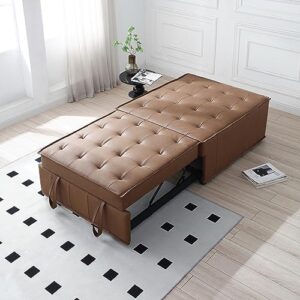 Bellemave 3 in 1 Pulling Out Ottoman Sofa Bed,Multipurpose Faux Leather Folding Ottoman Sleeper Couch Lounger,Convertible Adjustable Sleeper Chair for Living Room Apartment Office（Brown PU）
