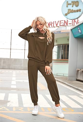 Pink Queen Two Piece Lounge Wear Sweat Sets Casual Relaxed Fit Fall Cutout Pullover Hoodies Tracksuit Ladies Running Active Drawstring Pants with Pockets Chocolate L