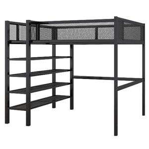 Loft Bed Multifunctionl Bed, Metal Full Size Loft Bed Frame with 4-Tier Open Shelves, Guardrail Side Storage Shelf and Mesh Guardrails, Kids Adults Bedroom Furniture High Loft Storage Bed (Black Bed)
