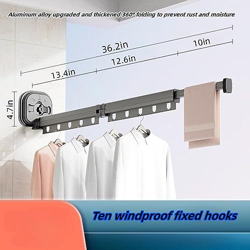 MILLTO No Punch Suction Folding Clothes Drying Rack Indoor Household Portable Balcony Invisible Telescopic Hanging Window Clothes Drying Rod (23.2in)