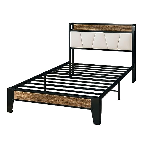 LIKIMIO Twin Bed Frames, Storage Headboard with Charging Station, Solid and Stable, Noise Free, No Box Spring Needed, Easy Assembly (Walnut and Beige)