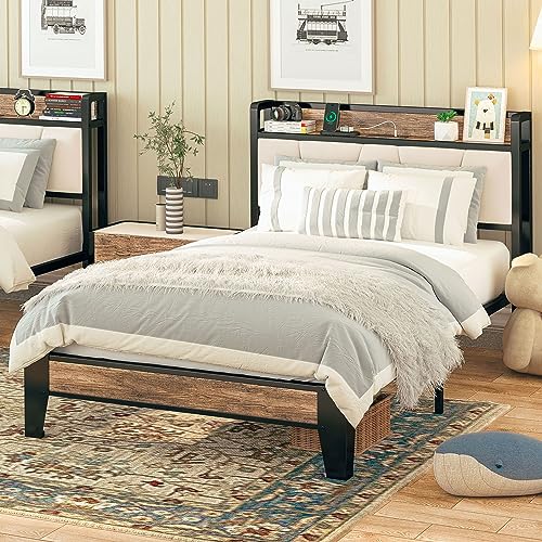 LIKIMIO Twin Bed Frames, Storage Headboard with Charging Station, Solid and Stable, Noise Free, No Box Spring Needed, Easy Assembly (Walnut and Beige)