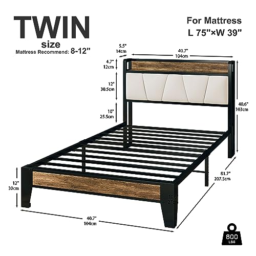 LIKIMIO Twin Bed Frames, Storage Headboard with Charging Station, Solid and Stable, Noise Free, No Box Spring Needed, Easy Assembly (Walnut and Beige)