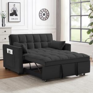 lin-utrend 55''convertible sleeper sofa couch with adjustable backrest, modern velvet 2 seater sofa with pull-out bed with 2 pillows, small love seat lounge sofa bed for small space (black)