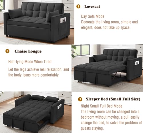 Lin-Utrend 55''Convertible Sleeper Sofa Couch with Adjustable Backrest, Modern Velvet 2 Seater Sofa with Pull-Out Bed with 2 Pillows, Small Love Seat Lounge Sofa Bed for Small Space (Black)