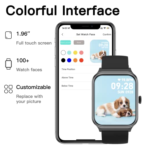 Smart Watch, 1.96" Full Touch Smartwatch, Compatible with iPhone Android, Heart Rate & Sleep Monitor, Multi-Sport Modes, Blood Oxygen, Voice Assistant, IP68 Waterproof, Fitness Tracker for Women Men
