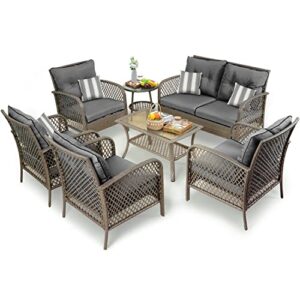 auzfy outdoor patio furniture set, 7 pieces pe wicker patio conversation sets, rattan outdoor sectional furniture set with 4 pillows & coffee table for garden backyard deck, grey cushions