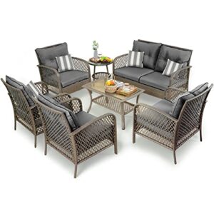 Auzfy Outdoor Patio Furniture Set, 7 Pieces PE Wicker Patio Conversation Sets, Rattan Outdoor Sectional Furniture Set with 4 Pillows & Coffee Table for Garden Backyard Deck, Grey Cushions