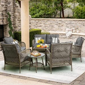 Auzfy Outdoor Patio Furniture Set, 7 Pieces PE Wicker Patio Conversation Sets, Rattan Outdoor Sectional Furniture Set with 4 Pillows & Coffee Table for Garden Backyard Deck, Grey Cushions