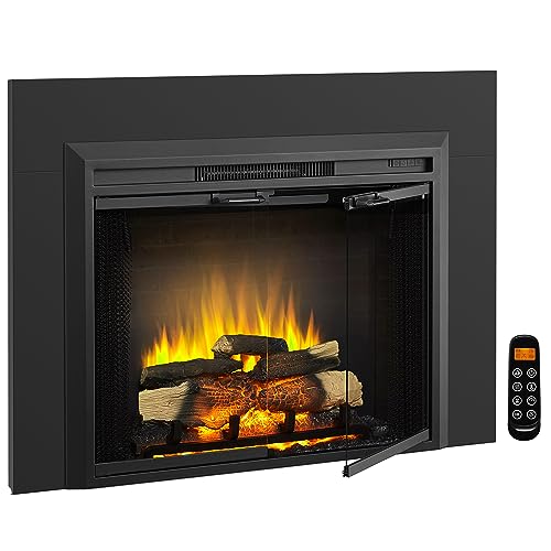 LegendFlame Damon 35 Inches Electric Fireplace Insert with Trim Kit, Glass Door and Mesh Screen, Fireplace Heater 750/1500W, Fire Crackling Sound, Adjustable Flame Speed, Remote Control, Black