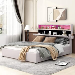 queen size upholstered platform bed frame for boys girls kids toddler with storage headboard, led, usb charging and 2 drawers, beige