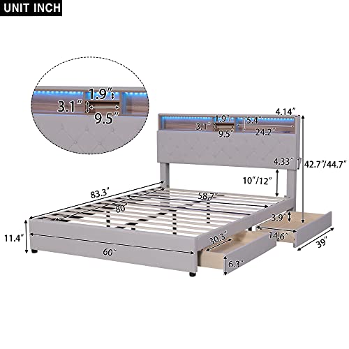 Queen Size Upholstered Platform Bed Frame for Boys Girls Kids Toddler with Storage Headboard, LED, USB Charging and 2 Drawers, Beige