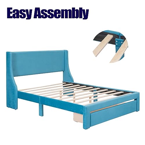 Novaris Queen Size Velvet Upholstered Platform Bed Frame with a Big Drawer, Modern Elegant Platform Bed with Comfortable Headboard & Wood Slats for Bedroom Girls, Easy Assemble (Queen, Blue)