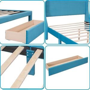 Novaris Queen Size Velvet Upholstered Platform Bed Frame with a Big Drawer, Modern Elegant Platform Bed with Comfortable Headboard & Wood Slats for Bedroom Girls, Easy Assemble (Queen, Blue)