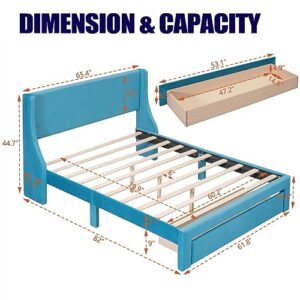 Novaris Queen Size Velvet Upholstered Platform Bed Frame with a Big Drawer, Modern Elegant Platform Bed with Comfortable Headboard & Wood Slats for Bedroom Girls, Easy Assemble (Queen, Blue)