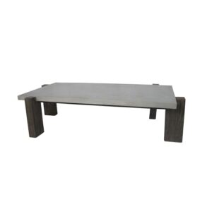 benjara cid 59 inch dining table, concrete surface, walnut wood thick pedestal legs, gray