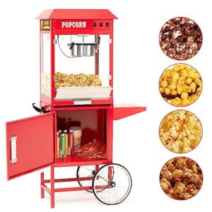 aibudy popcorn popper with cart and stand,theater commercial vintage popcorn maker with 8 oz. stainless steel kettle and storage included, red