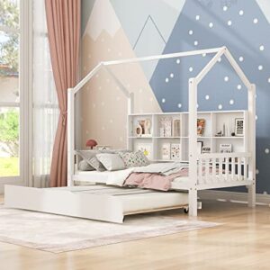 wood twin bed w/ trundle, open shelf & roof for boys girls, house bed w/ trundle bookcase & wood support slats, no box spring needed, boys girls twin house bed w/ shelf bookcase for 2 kids bedroom