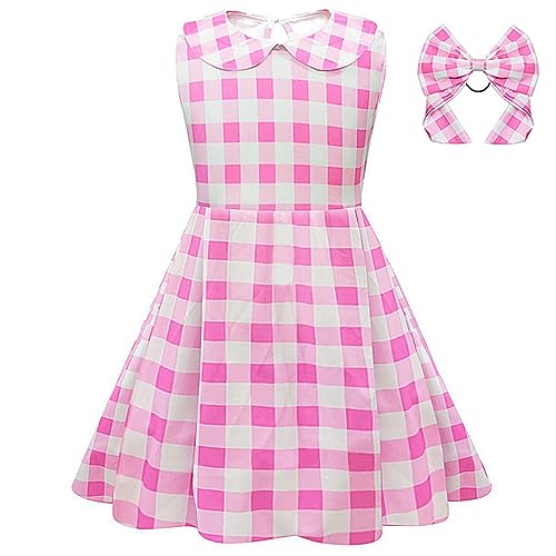 Fpoqbod Girls Pink Gingham Costume Dress Movie Cosplay Kids Party Halloween Fancy Plaid Dressess Plaid (Pink, 4-5 Years)