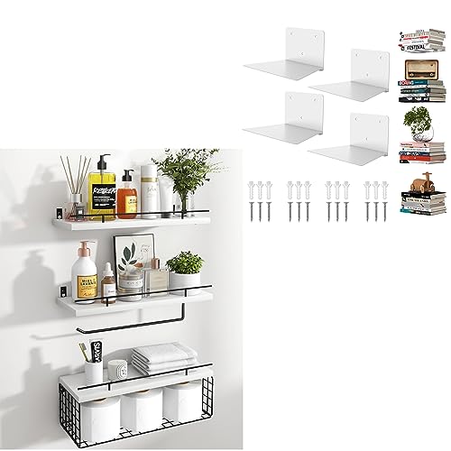 Mefirt Floating Shelves, 3+2 Tier Bathroom Shelves with Paper Towel Holder & Floating Book Shelves, Invisible Bookshelves for Wall