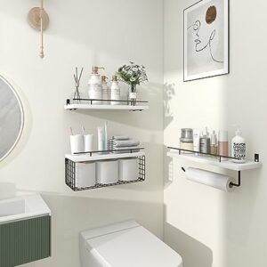 Mefirt Floating Shelves, 3+2 Tier Bathroom Shelves with Paper Towel Holder & Floating Book Shelves, Invisible Bookshelves for Wall