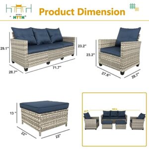 HTTH 5 Pieces Patio Furniture Sets PE Rattan Wicker Outdoor Conversation Set Patio Sectional Sets Patio Sofa Couch Set with 2 Ottomans for Porch,Balcony,Lawn (Grey-Blue)