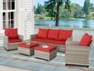 htth patio furniture sets pe rattan wicker outdoor conversation set patio sectional sets patio sofa couch set with 2 ottomans for porch, balcony, lawn (gray-red)