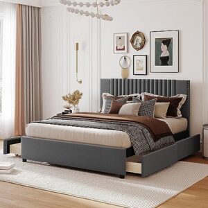 wadri modern queen size upholstered platform bed with classic headboard and 4 drawers, linen fabric platform bed frame with wood slat support for kids teens adult bedroom (gray + linen-4)