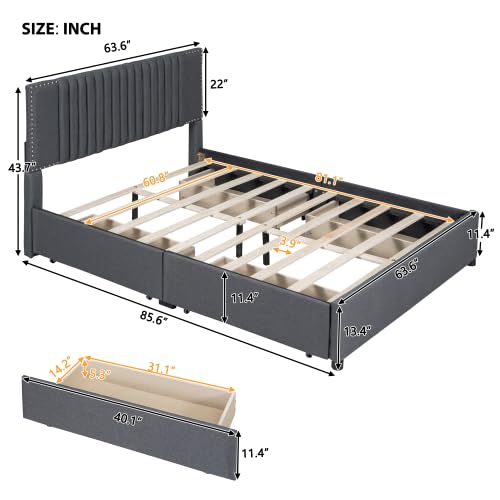 WADRI Modern Queen Size Upholstered Platform Bed with Classic Headboard and 4 Drawers, Linen Fabric Platform Bed Frame with Wood Slat Support for Kids Teens Adult Bedroom (Gray + Linen-4)