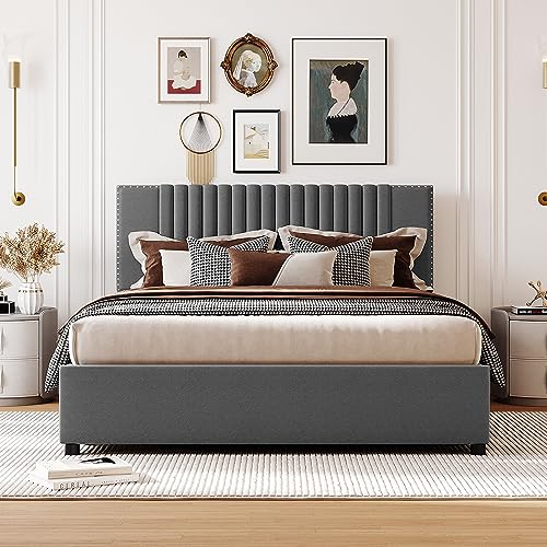 WADRI Modern Queen Size Upholstered Platform Bed with Classic Headboard and 4 Drawers, Linen Fabric Platform Bed Frame with Wood Slat Support for Kids Teens Adult Bedroom (Gray + Linen-4)