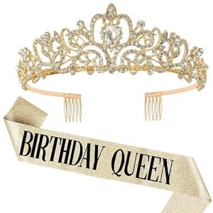 afbord 2pcs birthday crown for women shiny rhinestone birthday tiara crowns belt set girls princess crown with combs birthday party decoration golden