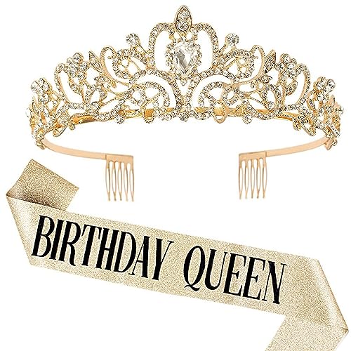 AFBORD 2Pcs Birthday Crown for Women Shiny Rhinestone Birthday Tiara Crowns Belt Set Girls Princess Crown with Combs Birthday Party Decoration Golden