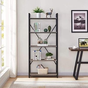 BON AUGURE Multi-Functional Coffee Bar Cabinet with Industrial 5 Tier Bookcase for Home Office (Dark Gray Oak)
